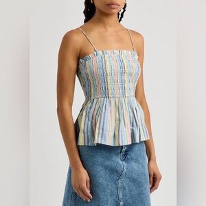 Damson Madder Hope Striped Smocked Cotton-Blend Top UK 18 / US 14